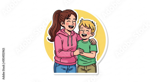 Smiling mother and son in casual clothes embracing with happiness and love in a colorful illustration