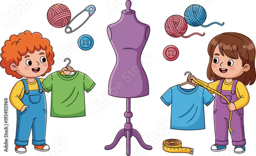 Children Playing with Sewing Tools and Clothes, Fun and Creative Illustration for Kids Learning, Crafting, and Sewing Activities