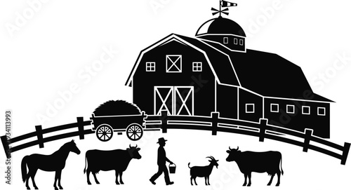 Black and white silhouette illustration of a farm scene with barn, animals, and farmer vector