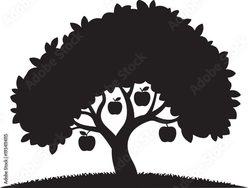 Black silhouette of apple tree with fruit on branches