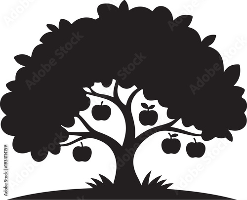 Black silhouette of apple tree with fruit white background