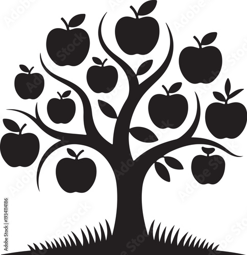 Black silhouette of apple tree with grass apples