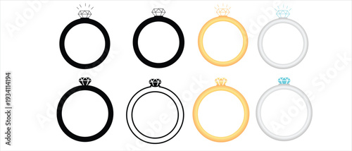 Engagement rings, wedding ring vector set,.Diamond ring icon set.Gemstones or gem icon. Editable Stroke collection. Jewellery and marriage Gemstone rings symbol collection. Vector Illustration.