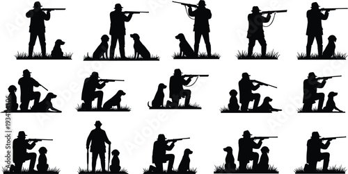 Collection of hunter and dog silhouettes with rifles in various shooting poses, black vector set isolated on white background for hunting and outdoor themes