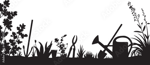 Black silhouette of gardening tools and plants on white background