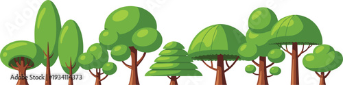 Cute big green cartoon trees flat vector set isolated on white