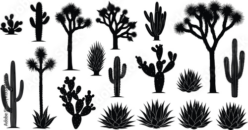 Black desert plants silhouette set with cactus joshua trees and agave isolated on white background for landscape architecture cad drawing flat vector illustration