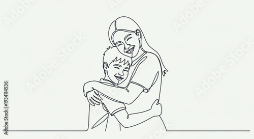 Mother and son hugging smiling line art style illustration with minimalistic background