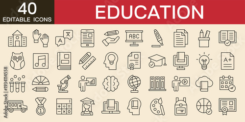 Education and school icon set vector illustration with icons of school subjects, supplies, science, and online learning editable stroke line icons 