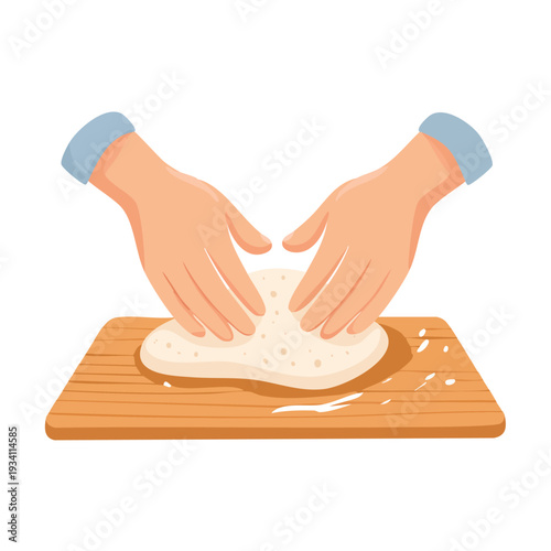 Hands kneading dough on wooden board in flat cartoon style