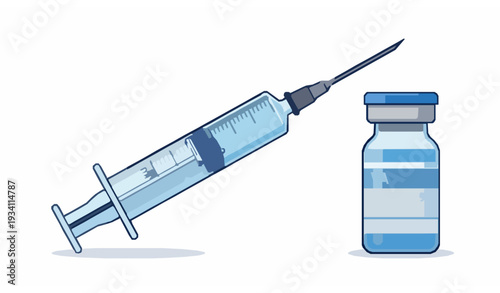 Flat Medical Syringe and Vaccine Vial Icon Isolated on White Background Vaccination Concept Vector Illustration