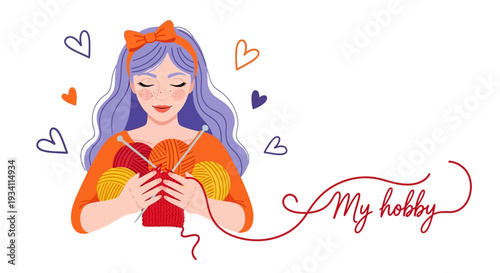 Joyful Woman Knitting Her Favorite Hobby: A Relaxing Creative Pastime with Colorful Yarn and Needles