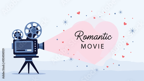 vintage cinema projector on a tripod casting a heart shaped light beam for a romantic movie night illustration.