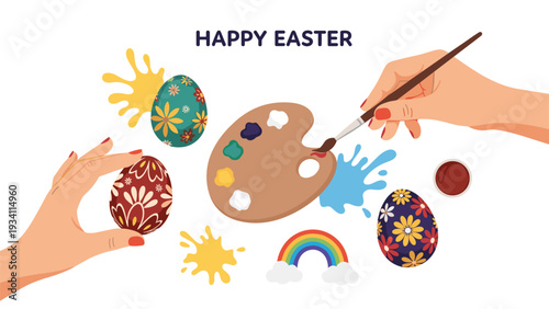 creative process of painting easter eggs with a brush and color palette shown with human hands and paint splashes.