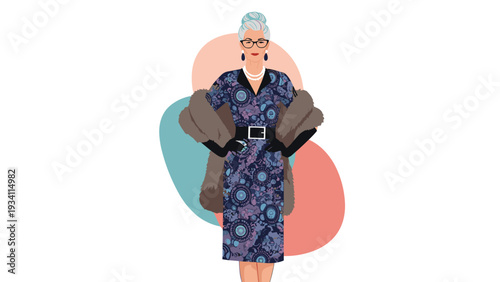 fashionable senior woman with grey hair wearing a floral dress and an elegant fur stole against abstract circles.