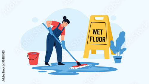 professional cleaning service employee mopping a blue water puddle on the floor next to a yellow wet floor sign.