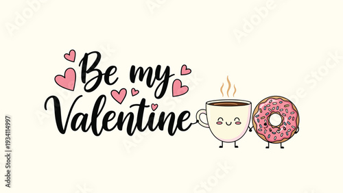 romantic valentine day card featuring a cute coffee cup and a pink donut character holding hands with hearts.