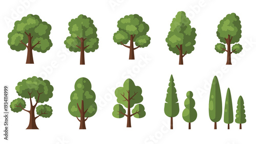 collection of ten different green tree icons in various shapes and sizes designed in a modern flat vector style.