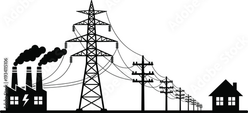 Electric power transmission concept with factory, high voltage tower, utility poles and residential house silhouettes isolated on light background, energy distribution infrastructure illustration