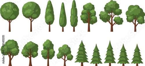 Set of green forest and park trees flat vector illustration isolated on white background
