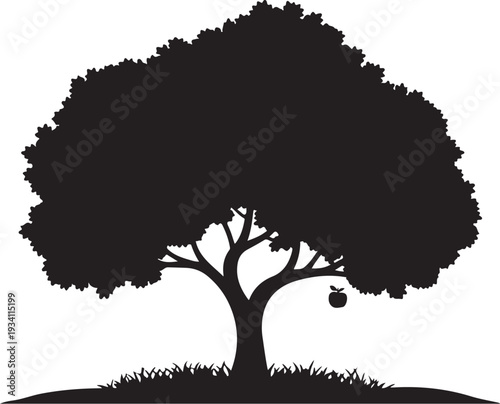 Black silhouette of tree with apple on branch white background