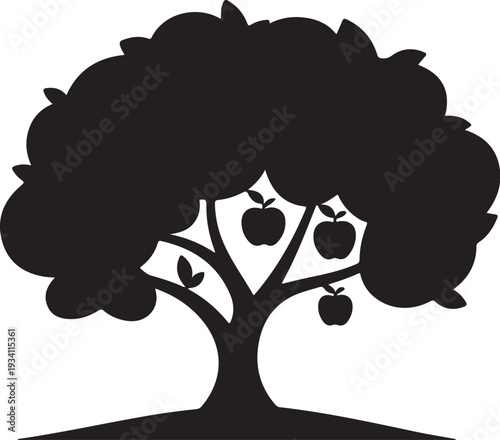 Black silhouette of tree with apples apple tree white background