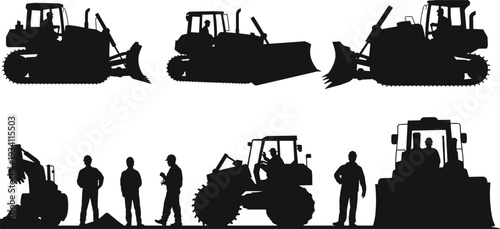 Bulldozer and construction worker silhouettes collection, heavy machinery vehicles with operators, industrial vector illustration isolated on white background for infrastructure development concept