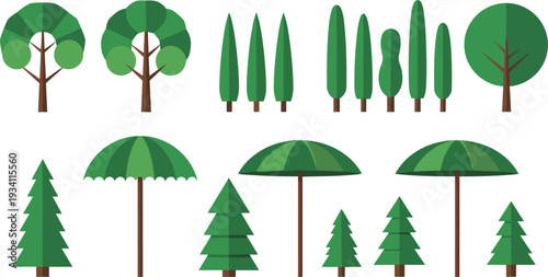 Minimal green tree icon set modern flat vector isolated on white background