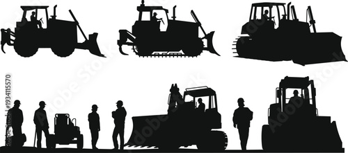 Bulldozer and construction worker silhouettes collection, heavy machinery vehicles with operators, industrial vector illustration isolated on white background for infrastructure development projects