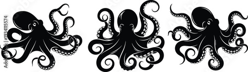 Black octopus silhouette set, giant kraken sea monster, ocean creature icons, cephalopod tentacles, nautical marine life, cad drawing, flat vector illustration.