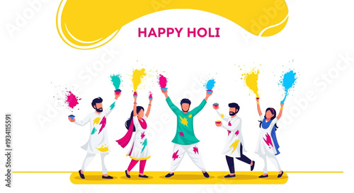 Happy Holi Festival Celebration with People Throwing Colorful Gulal Powder - Vibrant Flat Vector Illustration