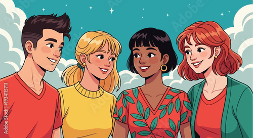 Youthful Friendship and Diversity Illustrated in Cheerful Retro Cartoon Style