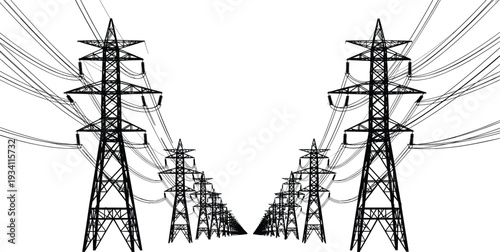 High voltage power line towers silhouette perspective, electricity transmission pylons and cables isolated on light background, energy infrastructure concept for industry, grid network, and utility