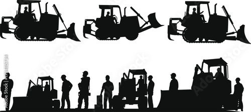 Bulldozer loader and construction worker silhouettes set, heavy machinery vehicles with operators, industrial vector illustration isolated on white background for engineering concept