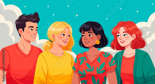 Diverse Group of Happy Young Friends Smiling Together in a Vibrant Modern Illustration
