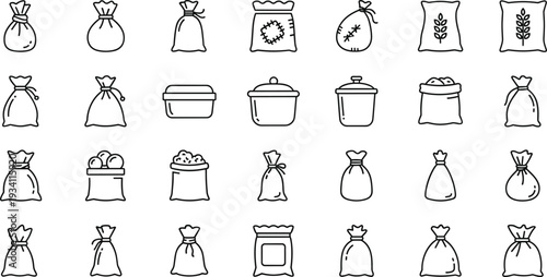 Grain and food sack outline vector icon set with bags containers and storage symbols