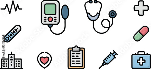 Medical icons set including heart rate blood pressure monitor stethoscope cross thermometer pills and first aid.