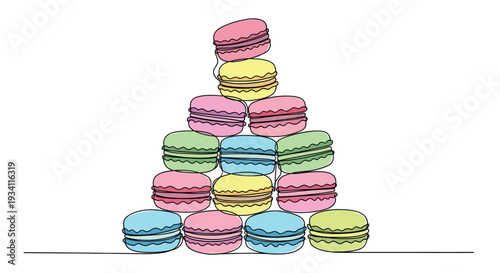 A vibrant pyramid of delicious French macarons in soft pastel colors created with a continuous line technique, perfect for bakery promotions, sweet treat advertisements, or confectionary