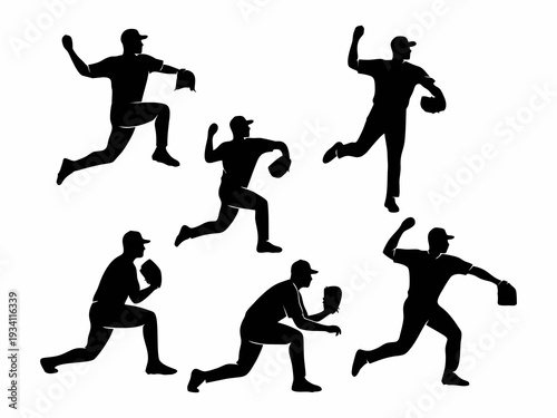 Baseball Pitcher and Fielder Silhouettes in Action Poses