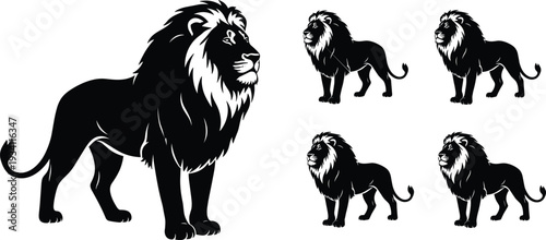Black silhouette of a large lion and four smaller lions on white background big cat animal