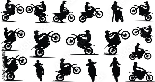 Motorcycle rider silhouettes performing wheelie stunts and motocross tricks isolated on light background, extreme sport action set for racing, adventure, and motorsport design