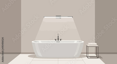 A modern bathtub stands alone on a tiled floor with a stool beside it in a minimalist bathroom viewed from the front