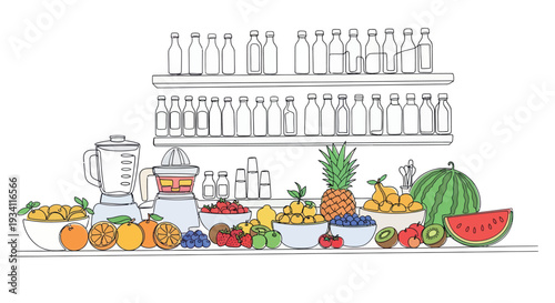 Assortment of fresh colorful fruits, kitchen appliances like a blender and juicer, and various bottles and glasses, perfect for promoting healthy juice preparation and wholesome nutrition
