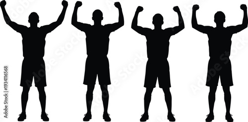Muscular athletic man silhouettes with raised arms in victory pose, strong male fitness figures isolated on white background for bodybuilding and motivation concepts