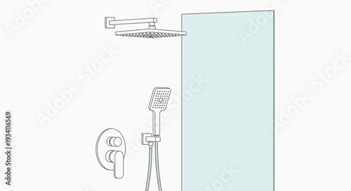 Simple line drawing of a shower head and handle on a wall adjacent to a partially visible door