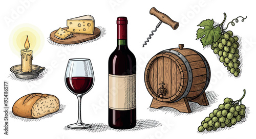 Curated collection of fine wine elements with bottle, glass, barrel, cheese, bread, grapes, corkscrew, and candle for food and beverage promotions.