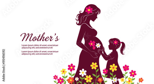 Maternity Silhouette with Child and Floral Elements - Celebrating Motherhood and New Life