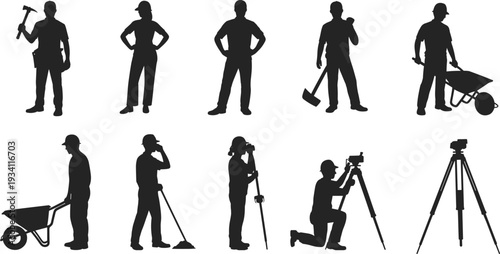 Construction worker and land surveyor silhouettes with tools wheelbarrow and tripod, industrial engineering labor vector illustration isolated on white background