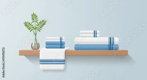 Towels and linens arranged on wooden shelves with a vase and plant in a serene bathroom setting from a straightforward viewpoint