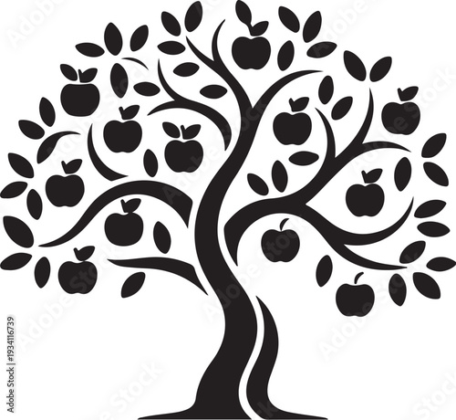 Black silhouette tree with apples and leaves apple tree